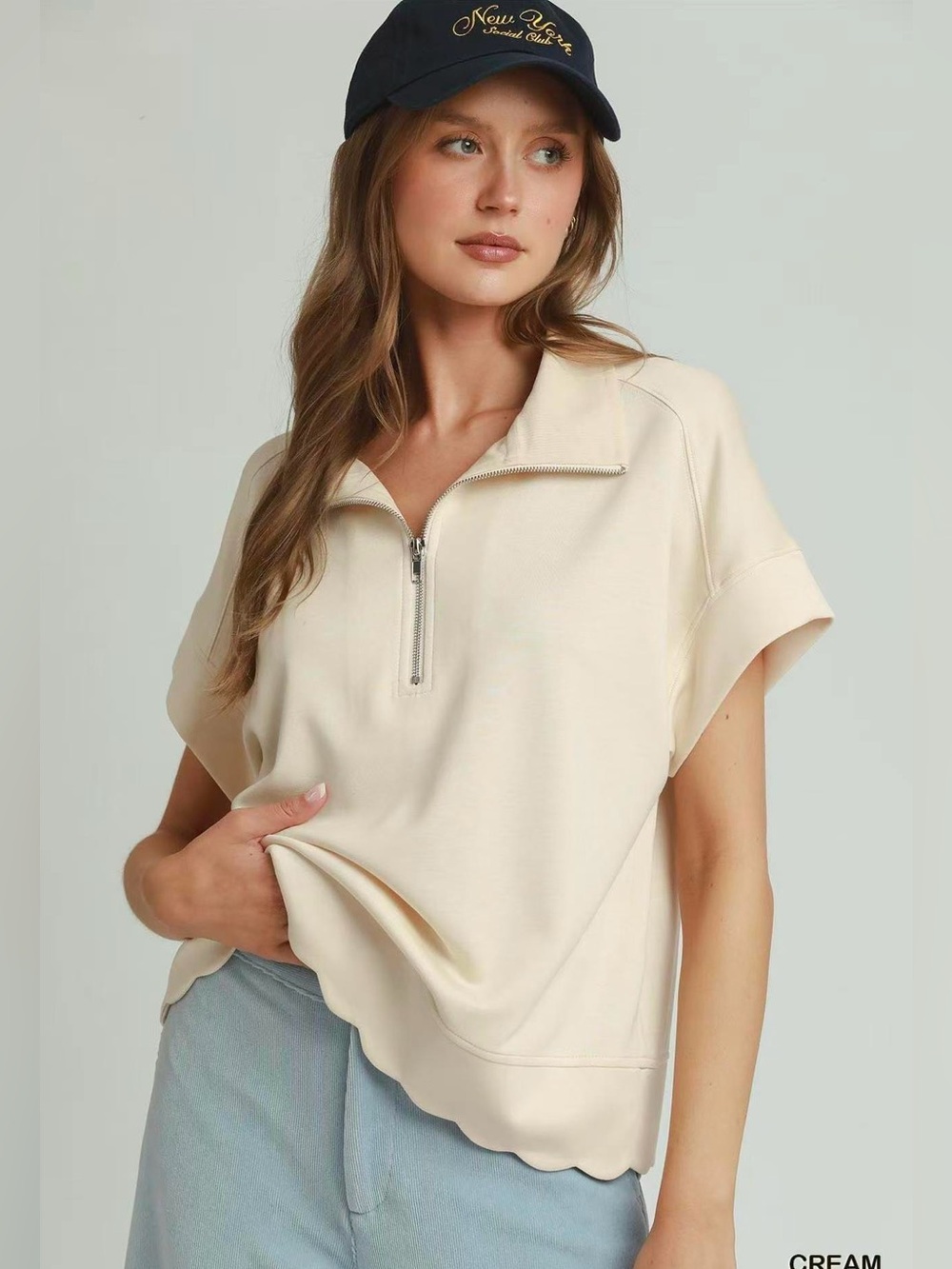 ♥️Hello Gorgeous! Umgee Half Zip Pullover with Scalloped Edge Hem- Light Mint - Picture 9 of 10